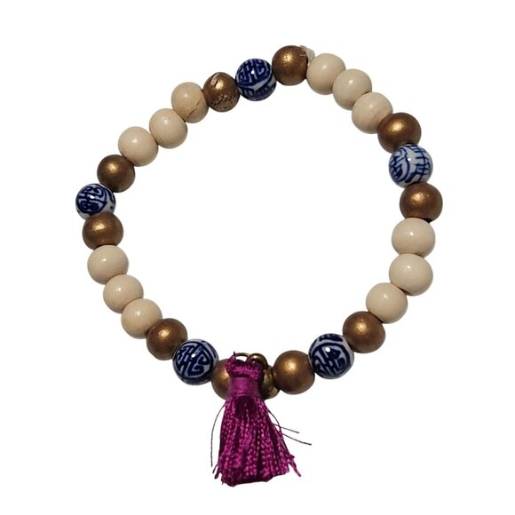 Boho Beaded Stretch Bracelet Blue White Ceramic Gold Ivory Beads Pink Tassel - Picture 1 of 3